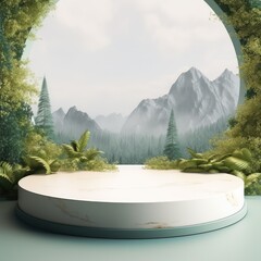 3D Ceramic Round Podium Stage product display With Nature scenery landscape Background. AI Generative.