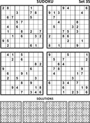 Four sudoku puzzles of comfortable (easy, yet not very easy) level. Set 35.  Answer included.
