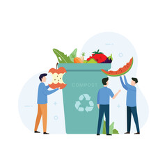 Volunteers bring fruit and organic waste to the compost bin. Sustainability design concept