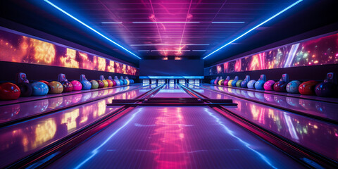 bowling alley in the night. Created with Generative AI technology. 