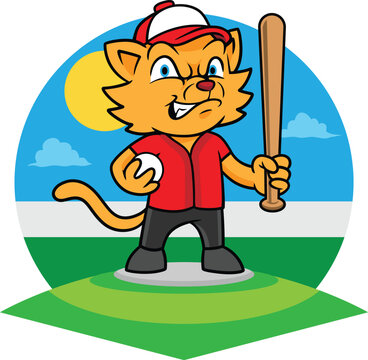 Cat Playing Baseball Vector Illustration