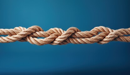 Knotted rope on blue background, horizontal rope, Generative AI