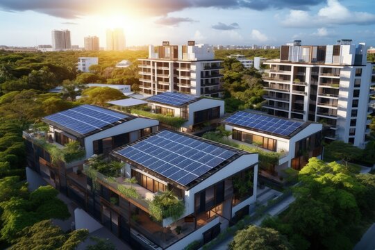 Residential condominium buildings with photovoltaic solar panels on the roof, Generative AI
