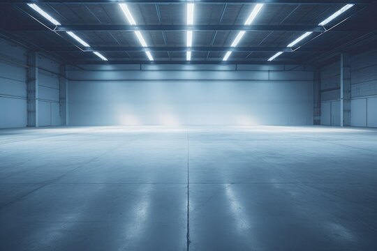 Concrete shed and empty metal structure, empty warehouse, Generative AI
