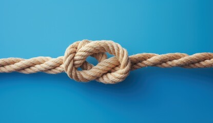 Knotted rope on blue background, horizontal rope, Generative AI
