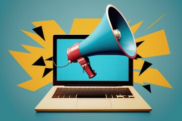 Laptop with megaphone on screen, marketing concept, blue background, Generative AI	
