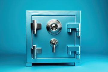 Metal safe on blue background, metallic safe, Generative AI