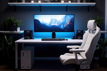 Modern and minimalist gamer setup with white colors, Gamer setup with table, chair, monitor and decor, Generative AI