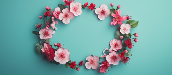 Pink flowers arranged in a circle around a blue background, Generative AI