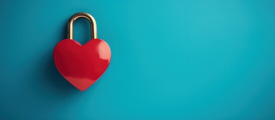 Red padlock in heart shape on blue background with copy space, Generative AI