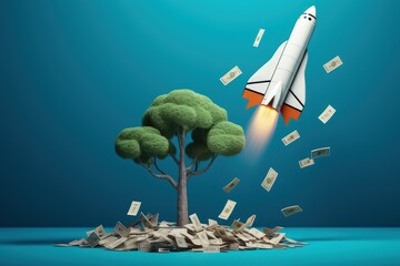 Rocket and tree with bunch of banknotes on blue background, Tree over heap of money, Generative AI