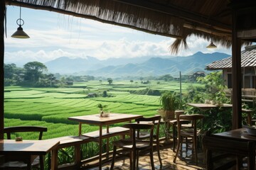 Coffee shop cafe in the middle of green rice fields in Vietnam