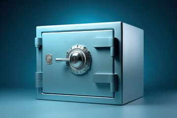 Silver safe on blue background, metallic safe, Generative AI
