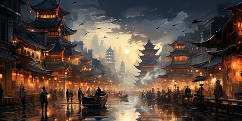 ancient Chinese night market street, oil painting, generative AI