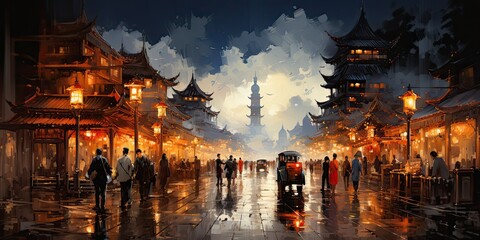 ancient Chinese night market street, oil painting, generative AI