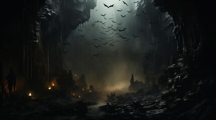 Eerie cave adorned with mesmerizing stalactites, stalagmites, and soaring bats
