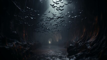 Eerie cave adorned with mesmerizing stalactites, stalagmites, and soaring bats