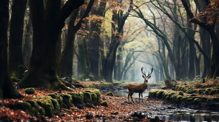 Autumn forest, vibrant fallen trees, deer stroll