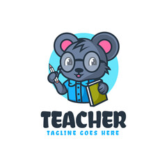 Vector Logo Illustration Teacher Mouse Mascot Cartoon Style.