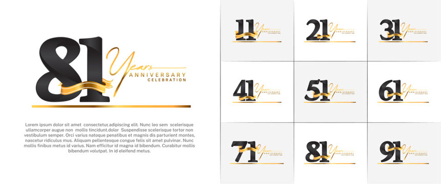 set of anniversary logo with black number and gold ribbon, handwriting text can be use for celebration