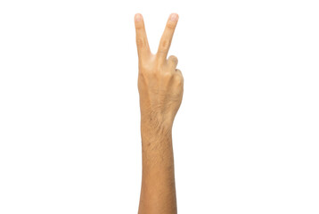 Cropped shot of someone hand showing two finger (or V sign) isolated with white background. If you showing the back of your hand facing the other person it is a very rude gesture in U.K.