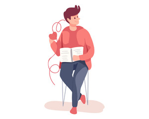 Happy man sits with a book in his hand, reads a novel. Valentine's day, flat vector illustration