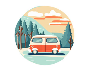 Van on the background of mountains in winter, vector illustration