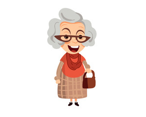 Happy elegant senior woman in glasses with bag, cartoon vector illustration
