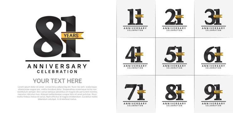 set of anniversary logo with black number and golden ribbon can be use for celebration