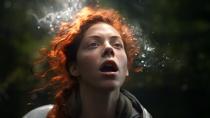 Young Red Head Woman Receiving a Vision. Generative AI.