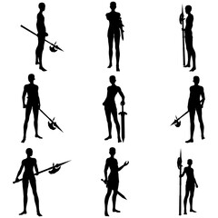 Bundle pose of man using spear ax silhouette art style series 3