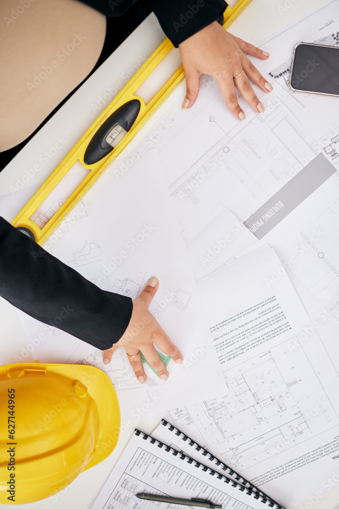 Poster Blueprint paperwork, architect hands and person review development project, floor plan or design info. Illustration, top view documents and planning developer analysis of architecture engineering