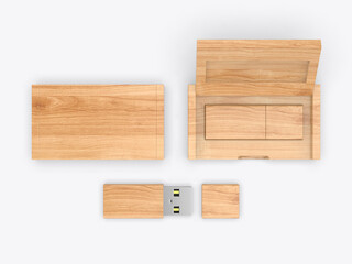 Blank wooden pen drive with wooden box packaging for promotional branding. 3d illustration.
