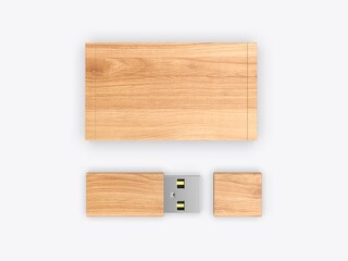 Blank wooden pen drive with wooden box packaging for promotional branding. 3d illustration.