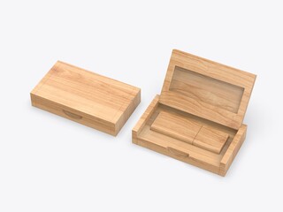 Blank wooden pen drive with wooden box packaging for promotional branding. 3d illustration.
