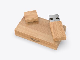 Blank wooden pen drive with wooden box packaging for promotional branding. 3d illustration.