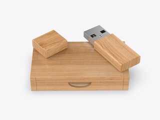 Blank wooden pen drive with wooden box packaging for promotional branding. 3d illustration.