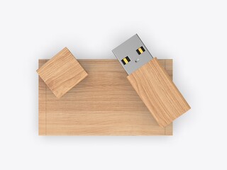 Blank wooden pen drive with wooden box packaging for promotional branding. 3d illustration.