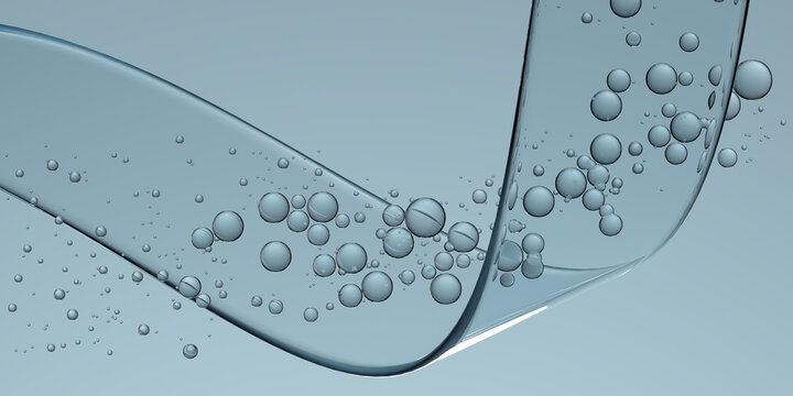 3D cosmetic background with blue liquid bubble, molecule spread. 3D rendering, illustration