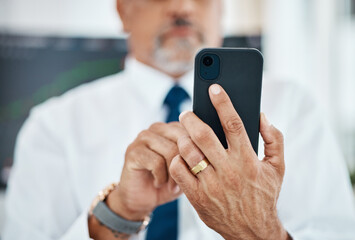 Networking cellphone, hands and business man typing, scroll or search online database, texting or contact user. Closeup smartphone connection, application and professional person check research info