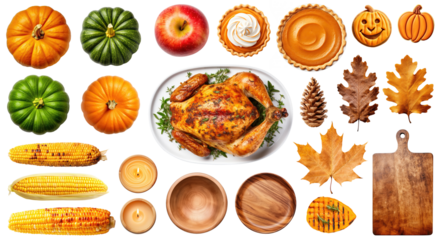 Set of various objects for thanksgiving day isolated on transparent background