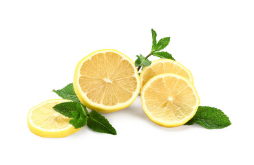 Fresh lemons with mint on white background