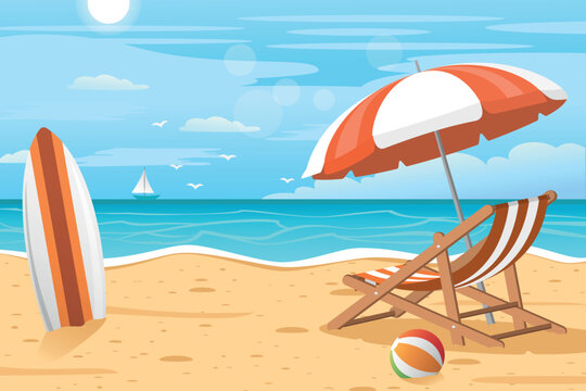 Holiday summer beach cartoon illustration on a sunny day. Deck chair, beach umbrella, surfboard and volleyball on sand beach.