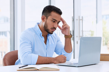 Stress, focus and laptop with business man in office for research, planning and depression....