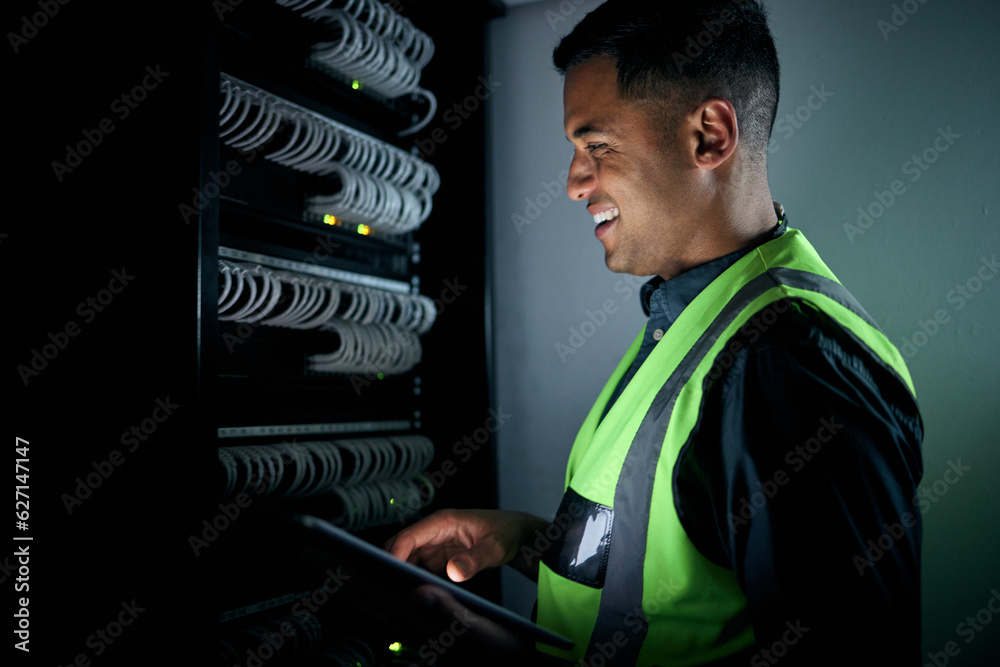 Poster Technician man, check and tablet in server room inspection, thinking or smile for analysis, night or programming. Information technology engineer, touchscreen or database with problem solving mindset