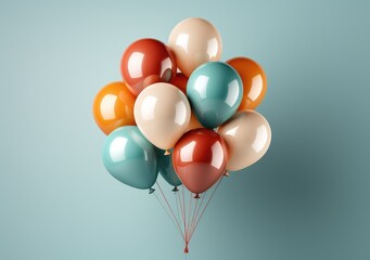 Colorful balloons 3d background. Bunch of flying helium balloon for birthday or anniversary congratulation concept. AI Generative.