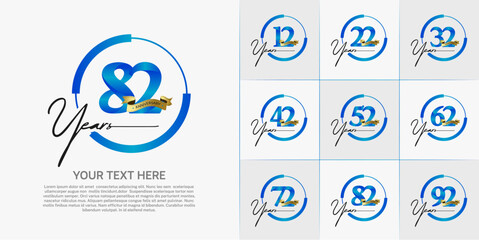 set of anniversary logo with blue number in circle and golden ribbon can be use for celebration