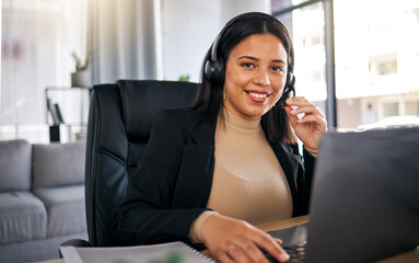 Happy woman, call center and laptop with headphones for customer service, support or remote work at...