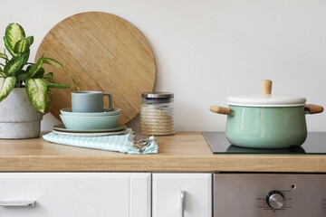 Wooden counter with clean dishes, houseplant, cooking pot and electric stove