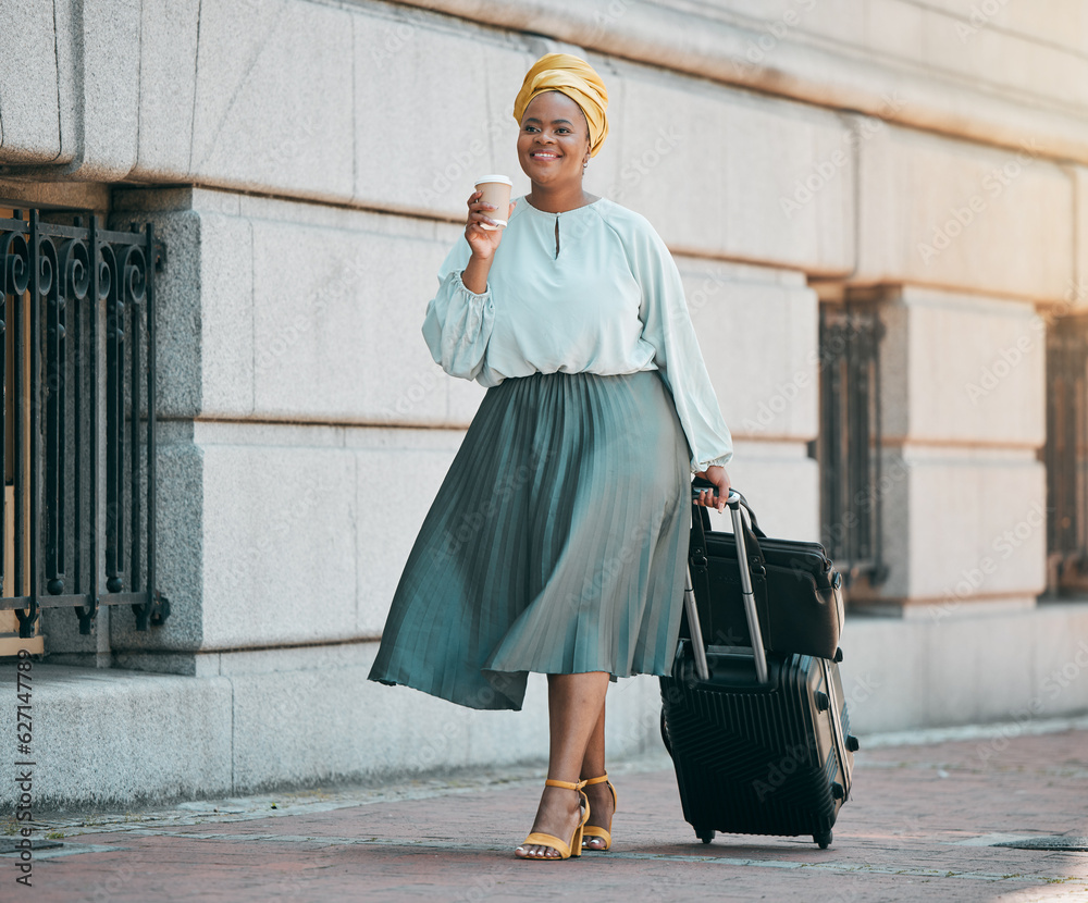 Canvas Prints City, business and black woman with a suitcase, travel and happiness with coffee, international career and opportunity. Female person, ceo and entrepreneur with tea, luggage and walking with success